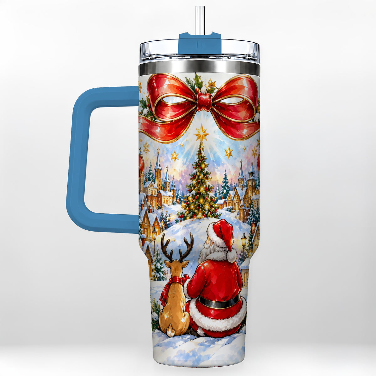 #pl[40oz|Blue] Santa Reindeer 40oz Tumbler with Handle, Snowy Christmas Village