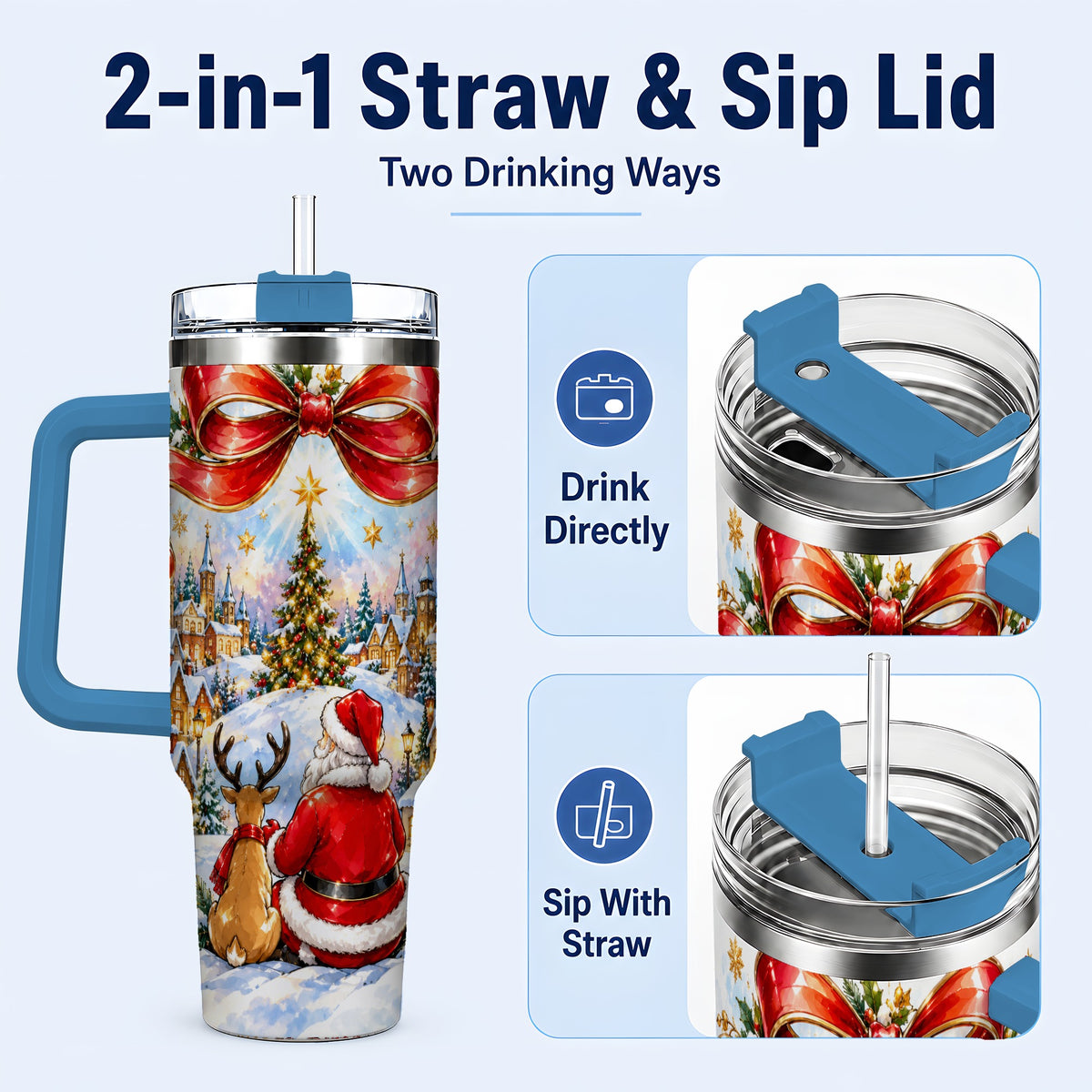#pl[40oz|Blue] Santa Reindeer 40oz Tumbler with Handle, Snowy Christmas Village