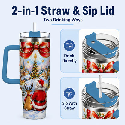 #pl[40oz|Blue] Santa Reindeer 40oz Tumbler with Handle, Snowy Christmas Village