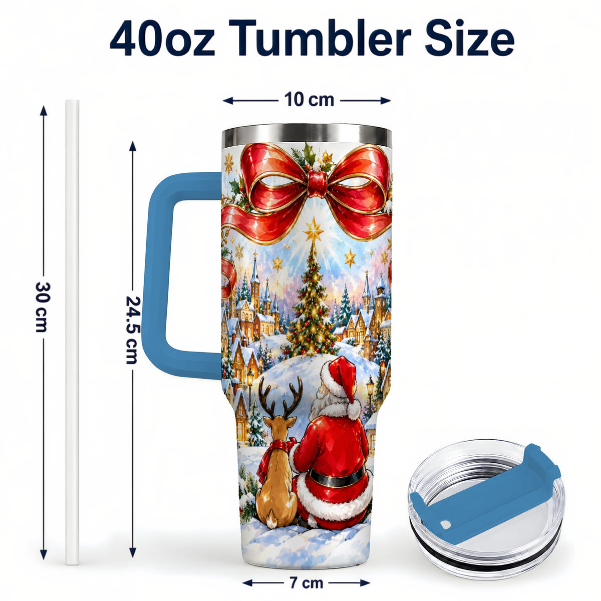#pl[40oz|Blue] Santa Reindeer 40oz Tumbler with Handle, Snowy Christmas Village