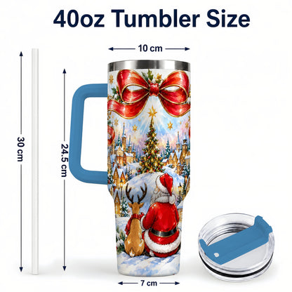 #pl[40oz|Blue] Santa Reindeer 40oz Tumbler with Handle, Snowy Christmas Village