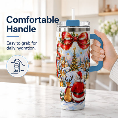 #pl[40oz|Blue] Santa Reindeer 40oz Tumbler with Handle, Snowy Christmas Village