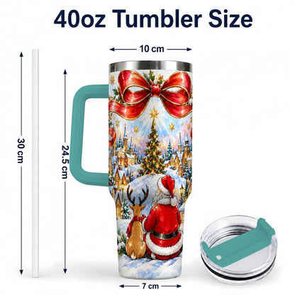 #pl[40oz|Green] Santa Reindeer 40oz Tumbler with Handle, Snowy Christmas Village