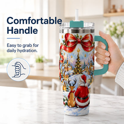 #pl[40oz|Green] Santa Reindeer 40oz Tumbler with Handle, Snowy Christmas Village