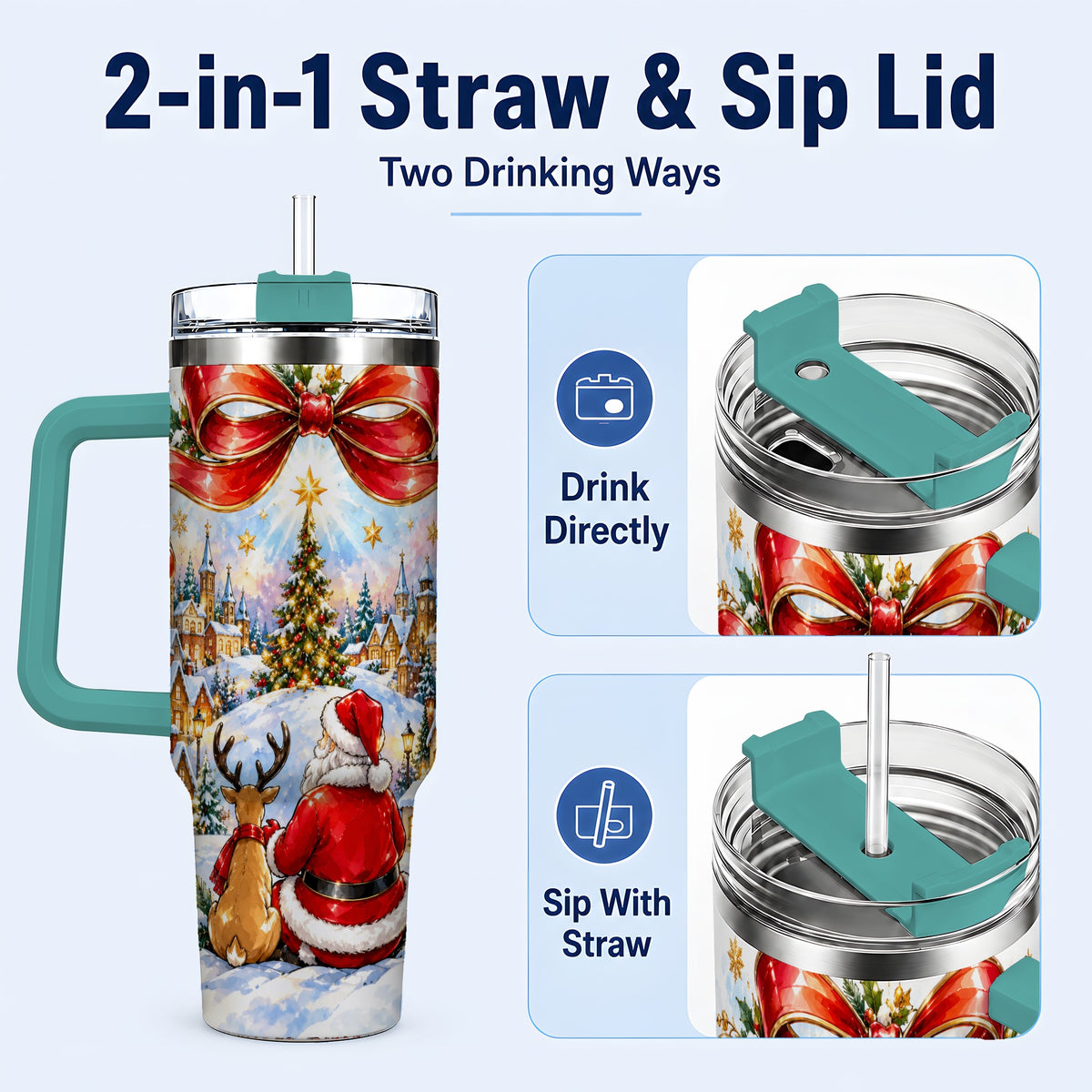 #pl[40oz|Green] Santa Reindeer 40oz Tumbler with Handle, Snowy Christmas Village