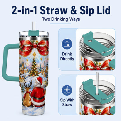 #pl[40oz|Green] Santa Reindeer 40oz Tumbler with Handle, Snowy Christmas Village
