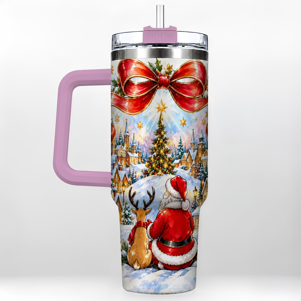 #pl[40oz|Pink] Santa Reindeer 40oz Tumbler with Handle, Snowy Christmas Village