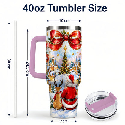 #pl[40oz|Pink] Santa Reindeer 40oz Tumbler with Handle, Snowy Christmas Village
