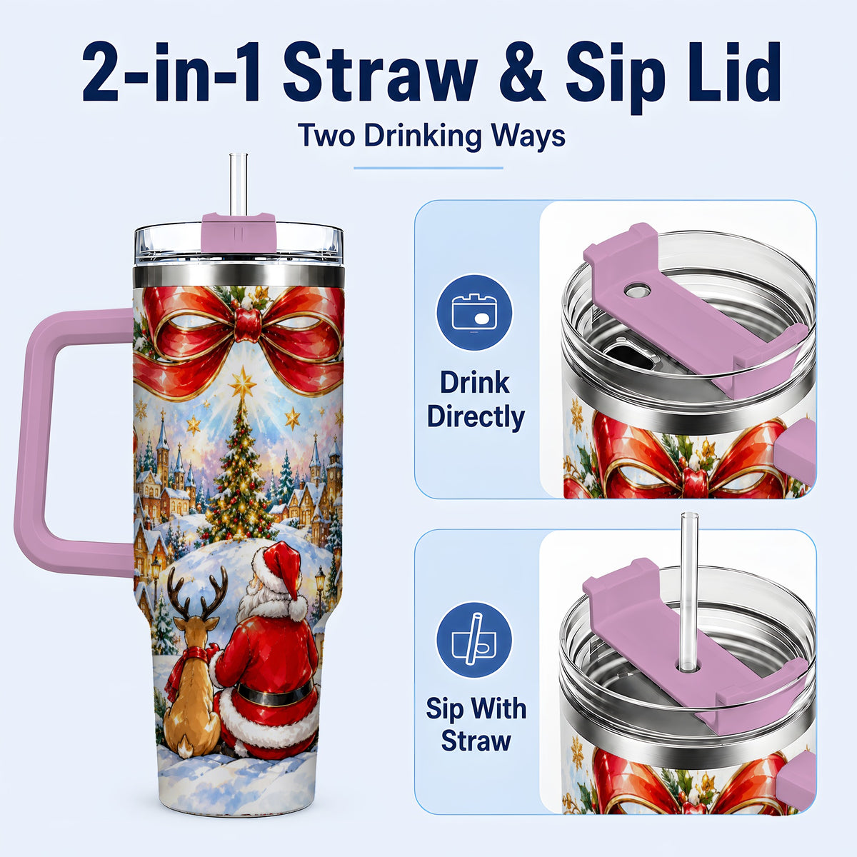 #pl[40oz|Pink] Santa Reindeer 40oz Tumbler with Handle, Snowy Christmas Village