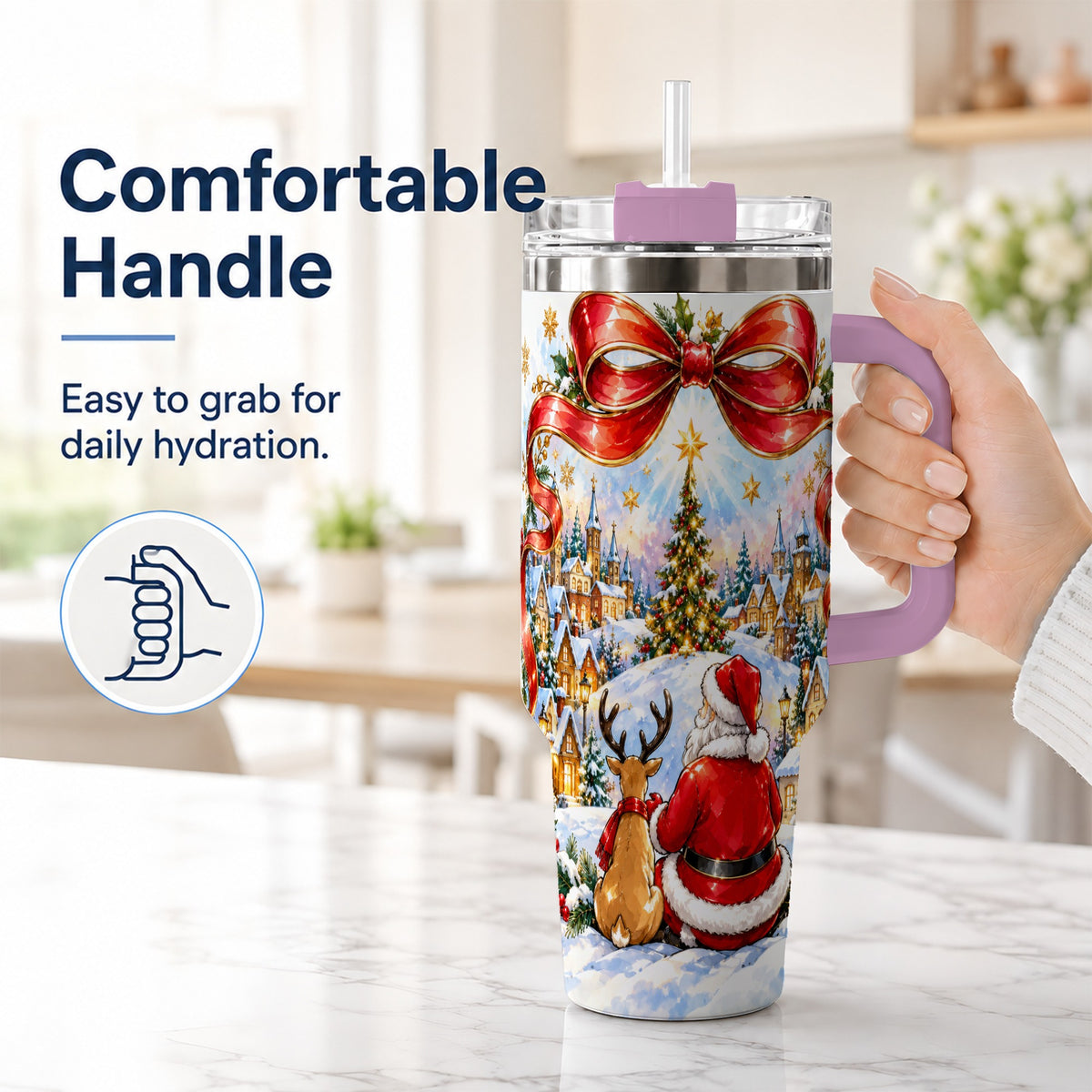 #pl[40oz|Pink] Santa Reindeer 40oz Tumbler with Handle, Snowy Christmas Village
