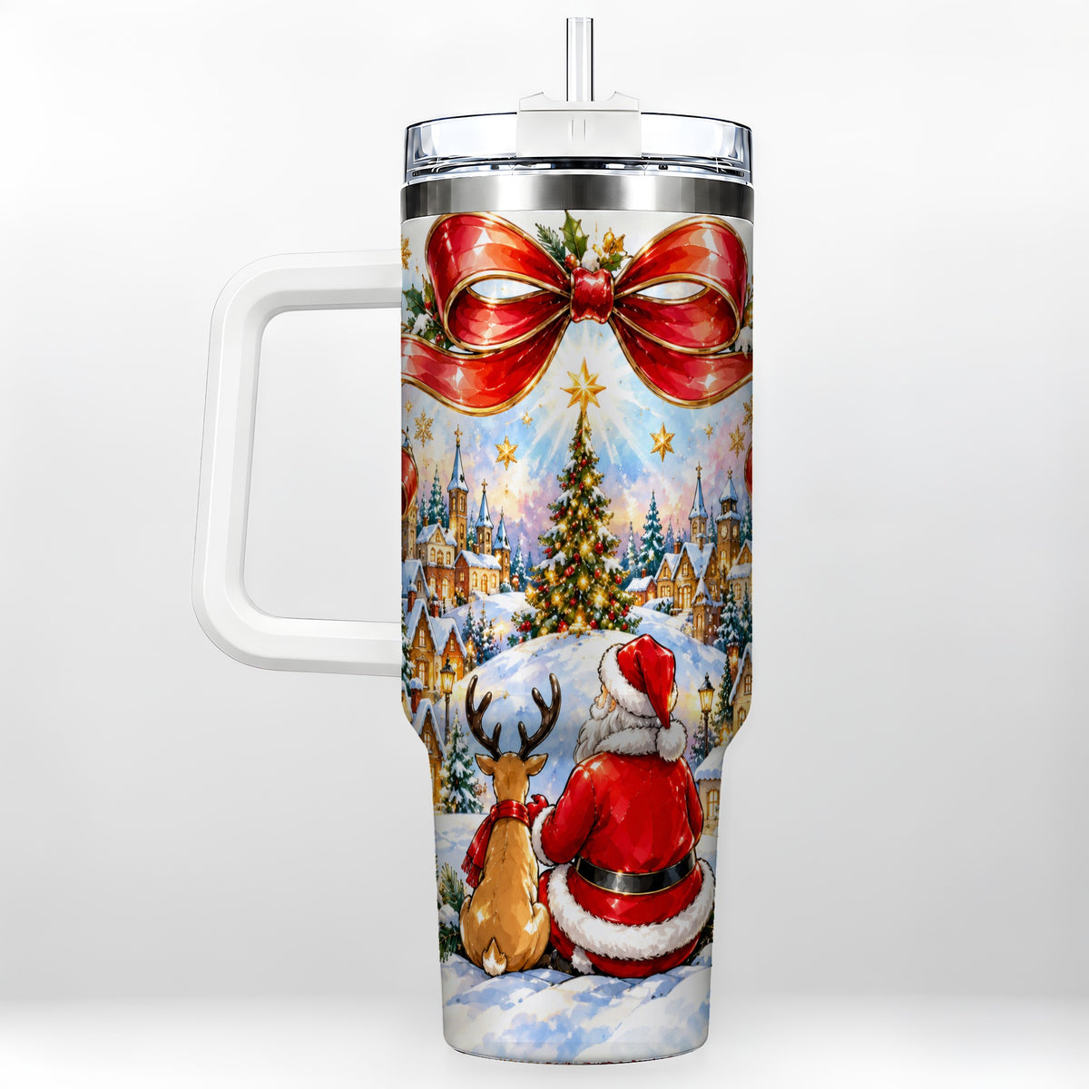 Santa Reindeer 40oz Tumbler with Handle, Snowy Christmas Village