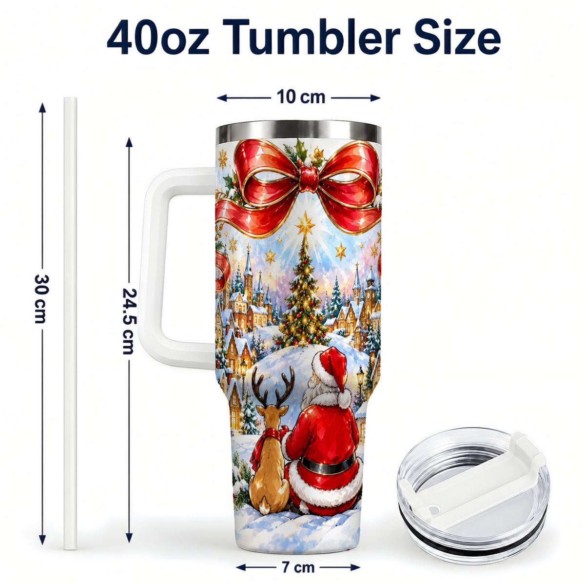 #pl[40oz|White] Santa Reindeer 40oz Tumbler with Handle, Snowy Christmas Village