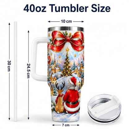 #pl[40oz|White] Santa Reindeer 40oz Tumbler with Handle, Snowy Christmas Village