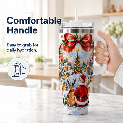 #pl[40oz|White] Santa Reindeer 40oz Tumbler with Handle, Snowy Christmas Village