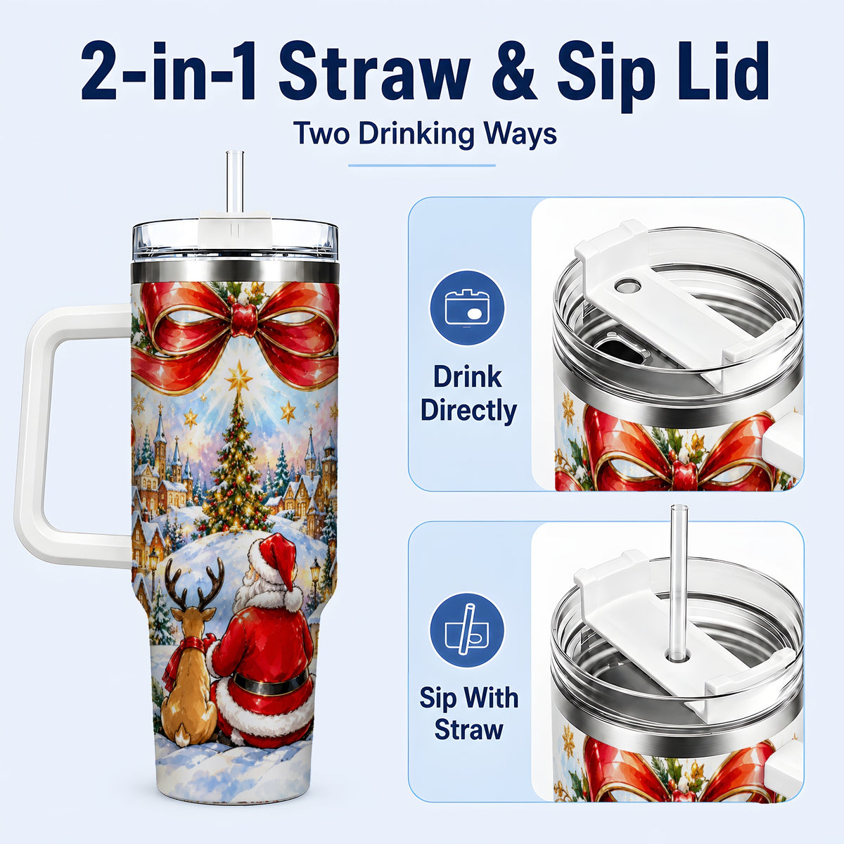 #pl[40oz|White] Santa Reindeer 40oz Tumbler with Handle, Snowy Christmas Village