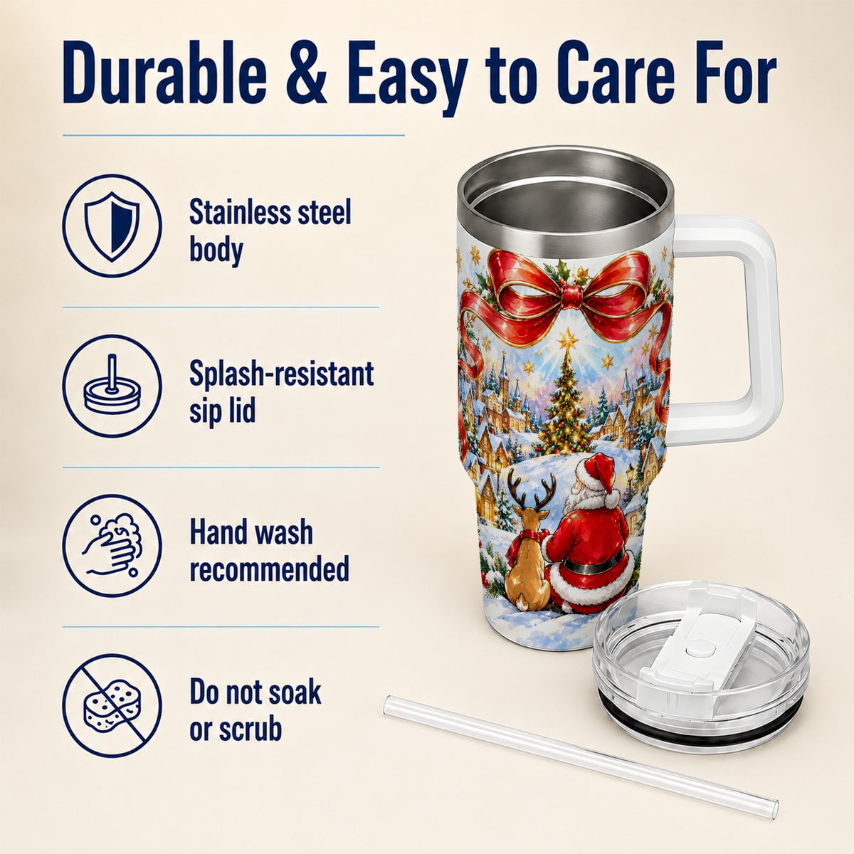 Santa Reindeer 40oz Tumbler with Handle, Snowy Christmas Village