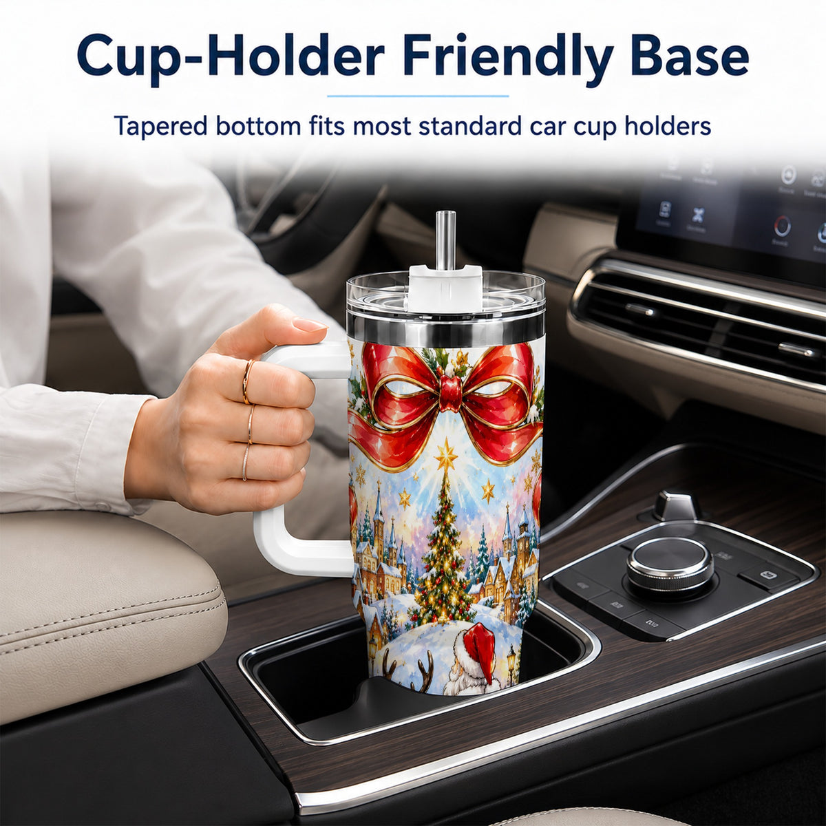 Santa Reindeer 40oz Tumbler with Handle, Snowy Christmas Village