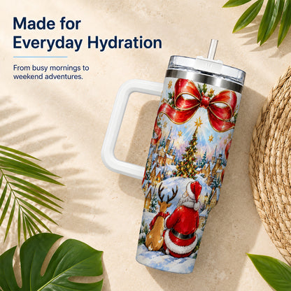 Santa Reindeer 40oz Tumbler with Handle, Snowy Christmas Village