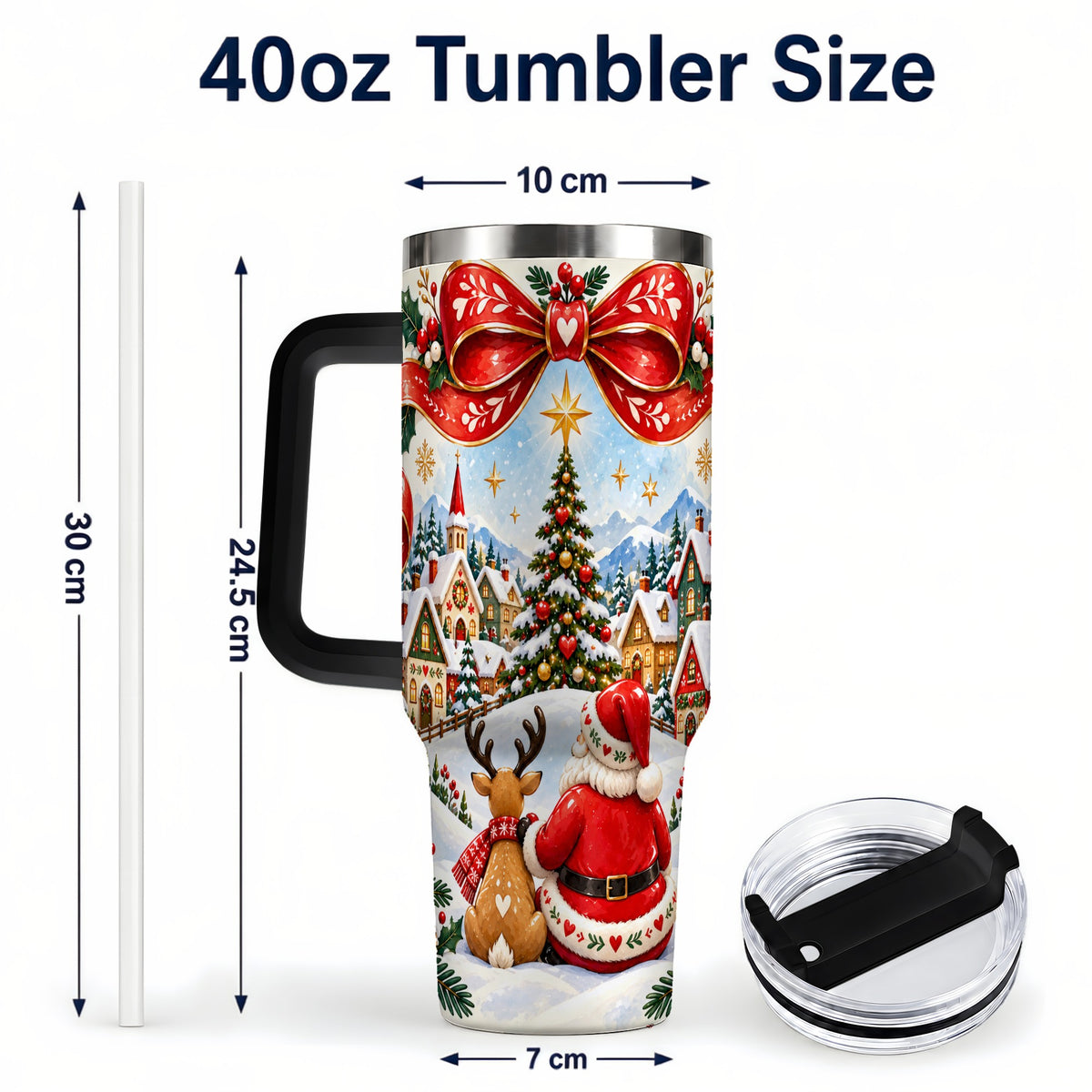 #pl[40oz|Black] Nordic Santa 40oz Tumbler with Handle, Christmas Reindeer Folk Art