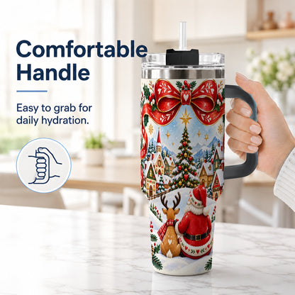 #pl[40oz|Black] Nordic Santa 40oz Tumbler with Handle, Christmas Reindeer Folk Art