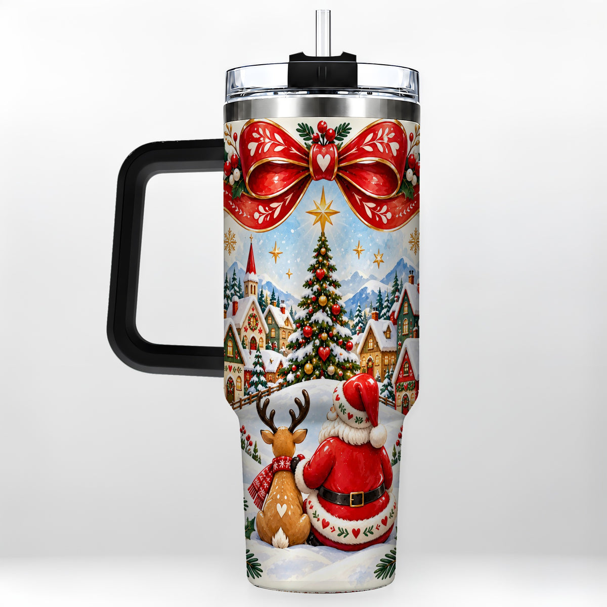 #pl[40oz|Black] Nordic Santa 40oz Tumbler with Handle, Christmas Reindeer Folk Art