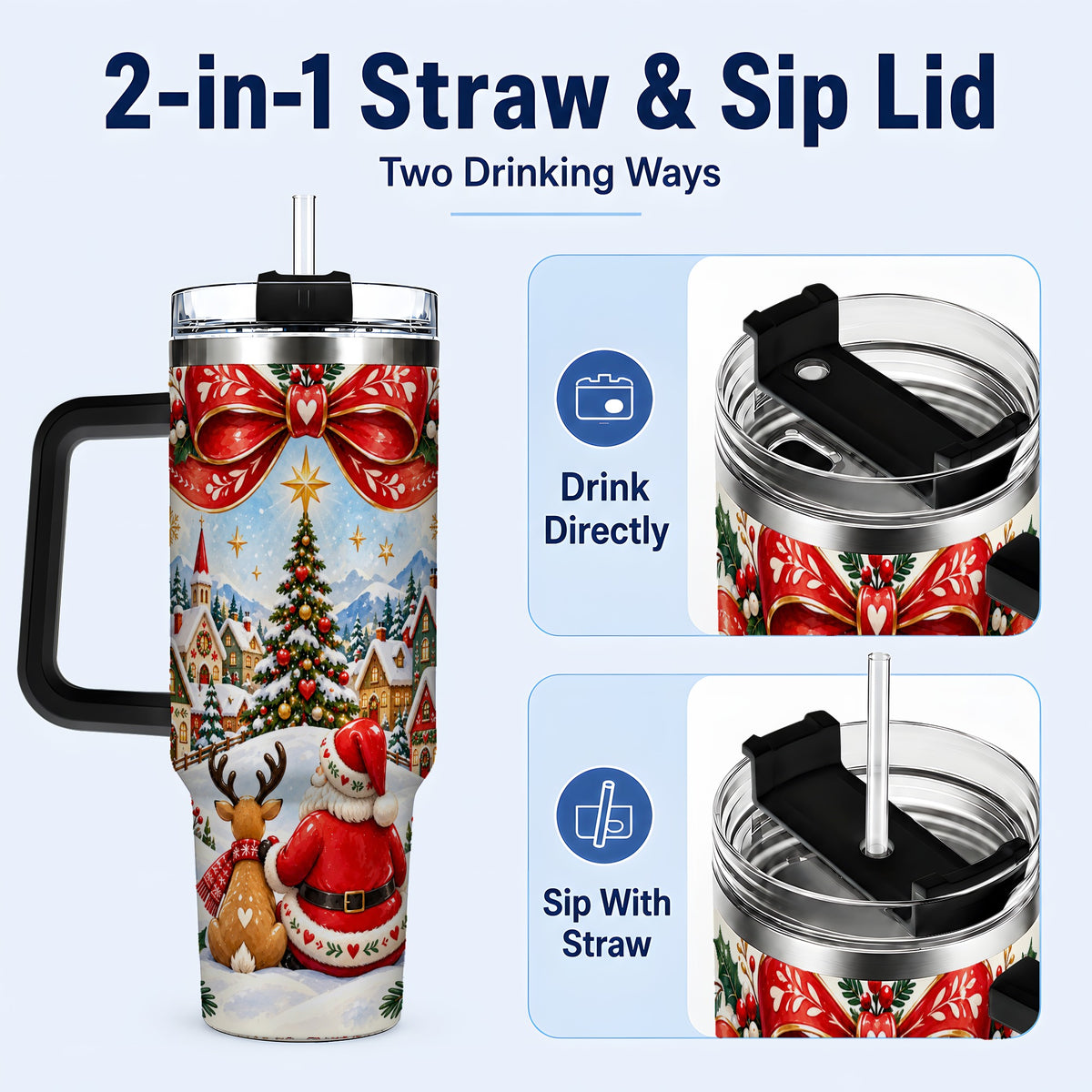 #pl[40oz|Black] Nordic Santa 40oz Tumbler with Handle, Christmas Reindeer Folk Art