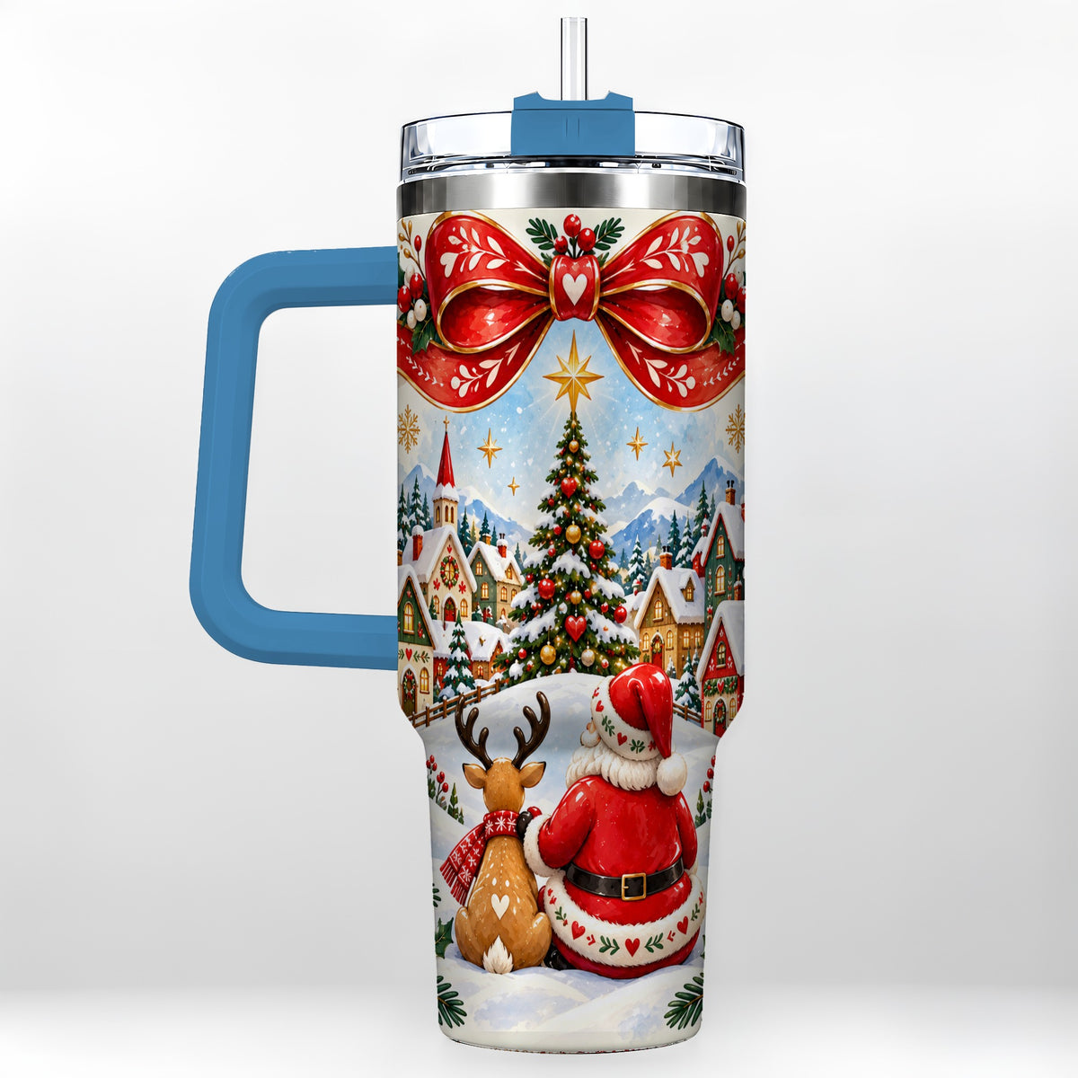 #pl[40oz|Blue] Nordic Santa 40oz Tumbler with Handle, Christmas Reindeer Folk Art