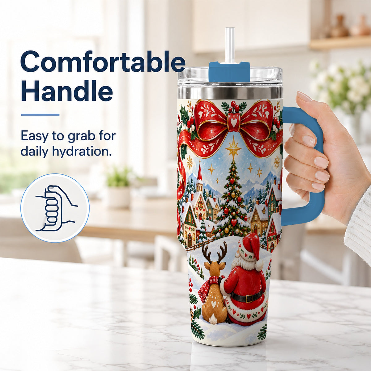 #pl[40oz|Blue] Nordic Santa 40oz Tumbler with Handle, Christmas Reindeer Folk Art