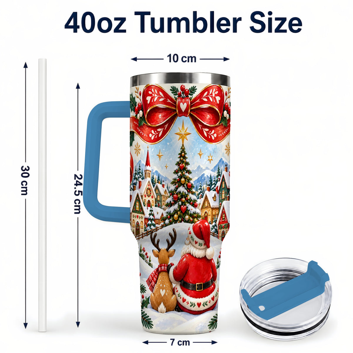 #pl[40oz|Blue] Nordic Santa 40oz Tumbler with Handle, Christmas Reindeer Folk Art