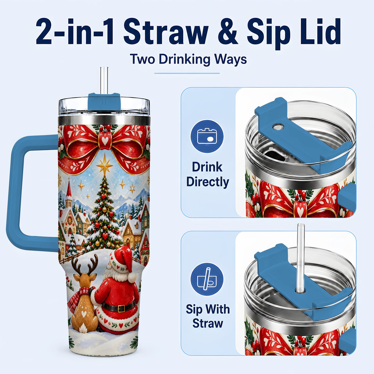 #pl[40oz|Blue] Nordic Santa 40oz Tumbler with Handle, Christmas Reindeer Folk Art