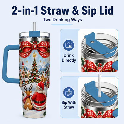 #pl[40oz|Blue] Nordic Santa 40oz Tumbler with Handle, Christmas Reindeer Folk Art