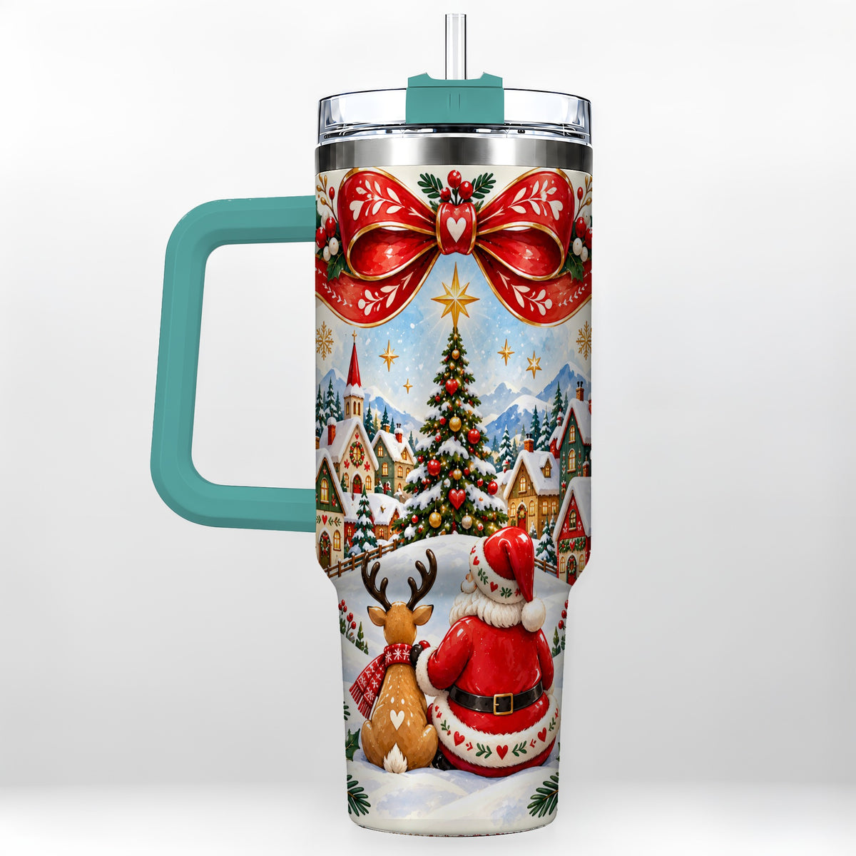 #pl[40oz|Green] Nordic Santa 40oz Tumbler with Handle, Christmas Reindeer Folk Art