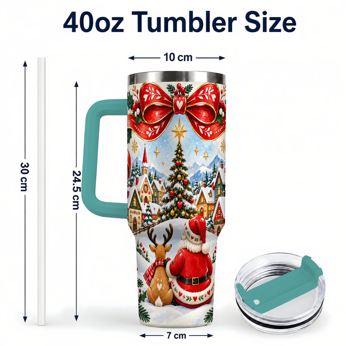 #pl[40oz|Green] Nordic Santa 40oz Tumbler with Handle, Christmas Reindeer Folk Art