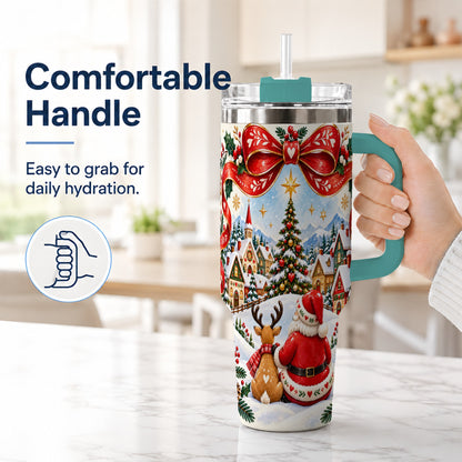 #pl[40oz|Green] Nordic Santa 40oz Tumbler with Handle, Christmas Reindeer Folk Art