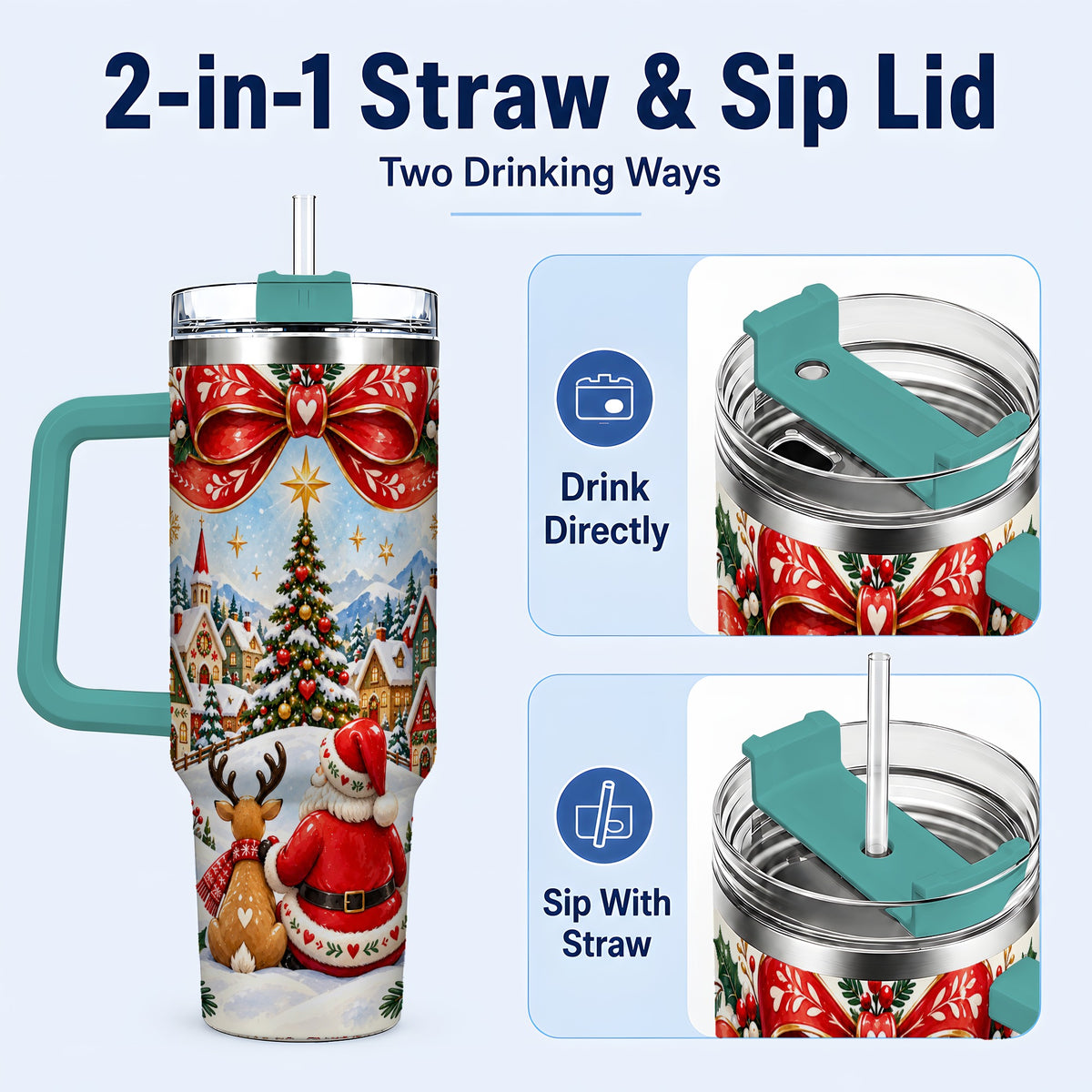 #pl[40oz|Green] Nordic Santa 40oz Tumbler with Handle, Christmas Reindeer Folk Art