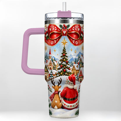 #pl[40oz|Pink] Nordic Santa 40oz Tumbler with Handle, Christmas Reindeer Folk Art