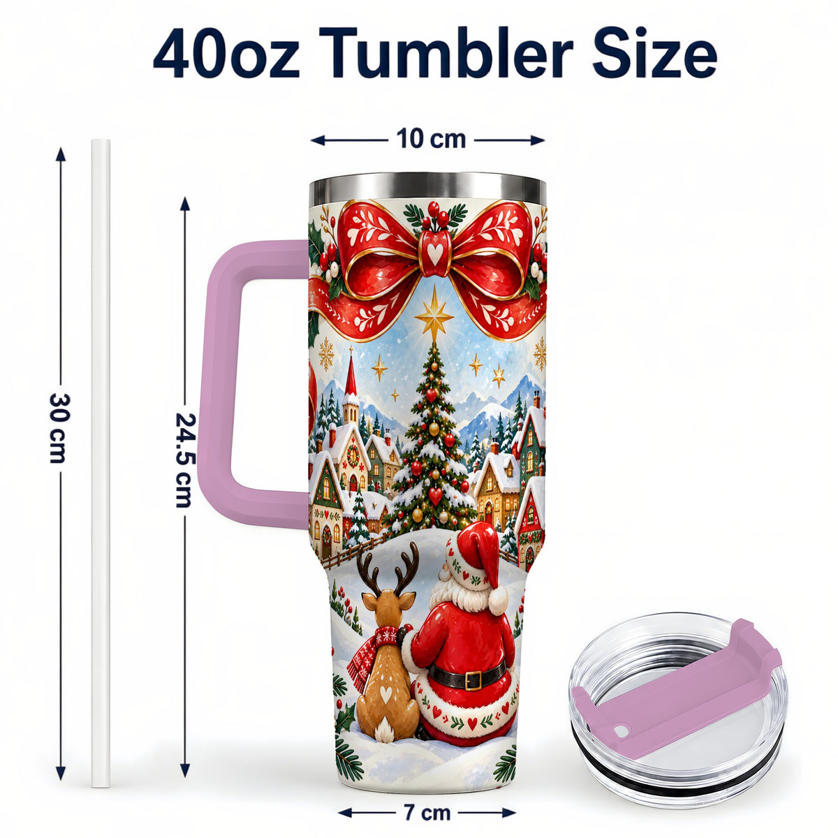 #pl[40oz|Pink] Nordic Santa 40oz Tumbler with Handle, Christmas Reindeer Folk Art
