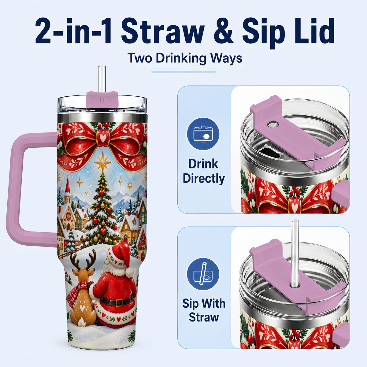 #pl[40oz|Pink] Nordic Santa 40oz Tumbler with Handle, Christmas Reindeer Folk Art