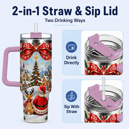 #pl[40oz|Pink] Nordic Santa 40oz Tumbler with Handle, Christmas Reindeer Folk Art