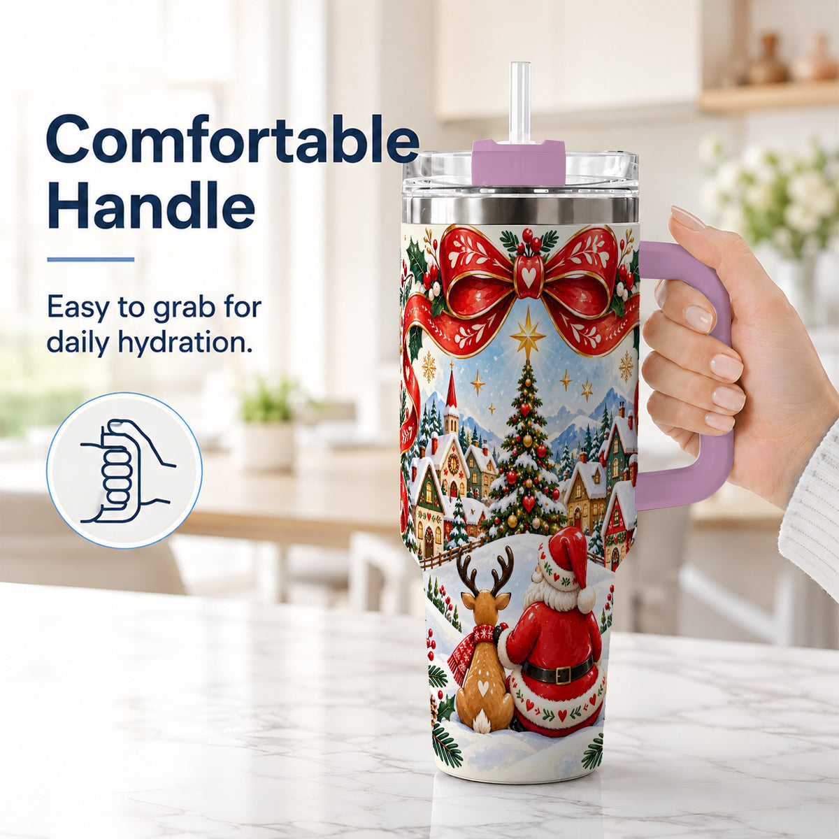 #pl[40oz|Pink] Nordic Santa 40oz Tumbler with Handle, Christmas Reindeer Folk Art