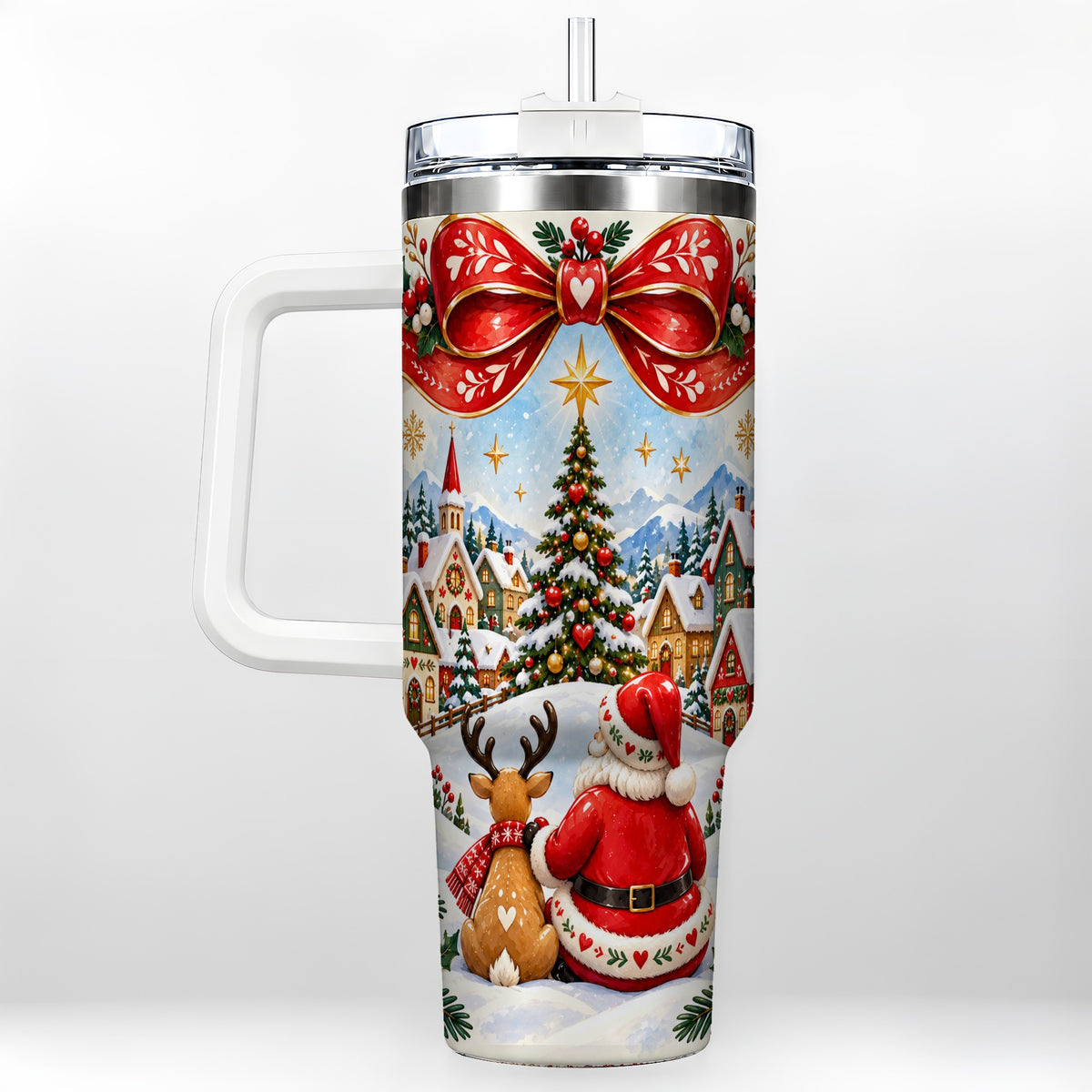 Nordic Santa 40oz Tumbler with Handle, Christmas Reindeer Folk Art