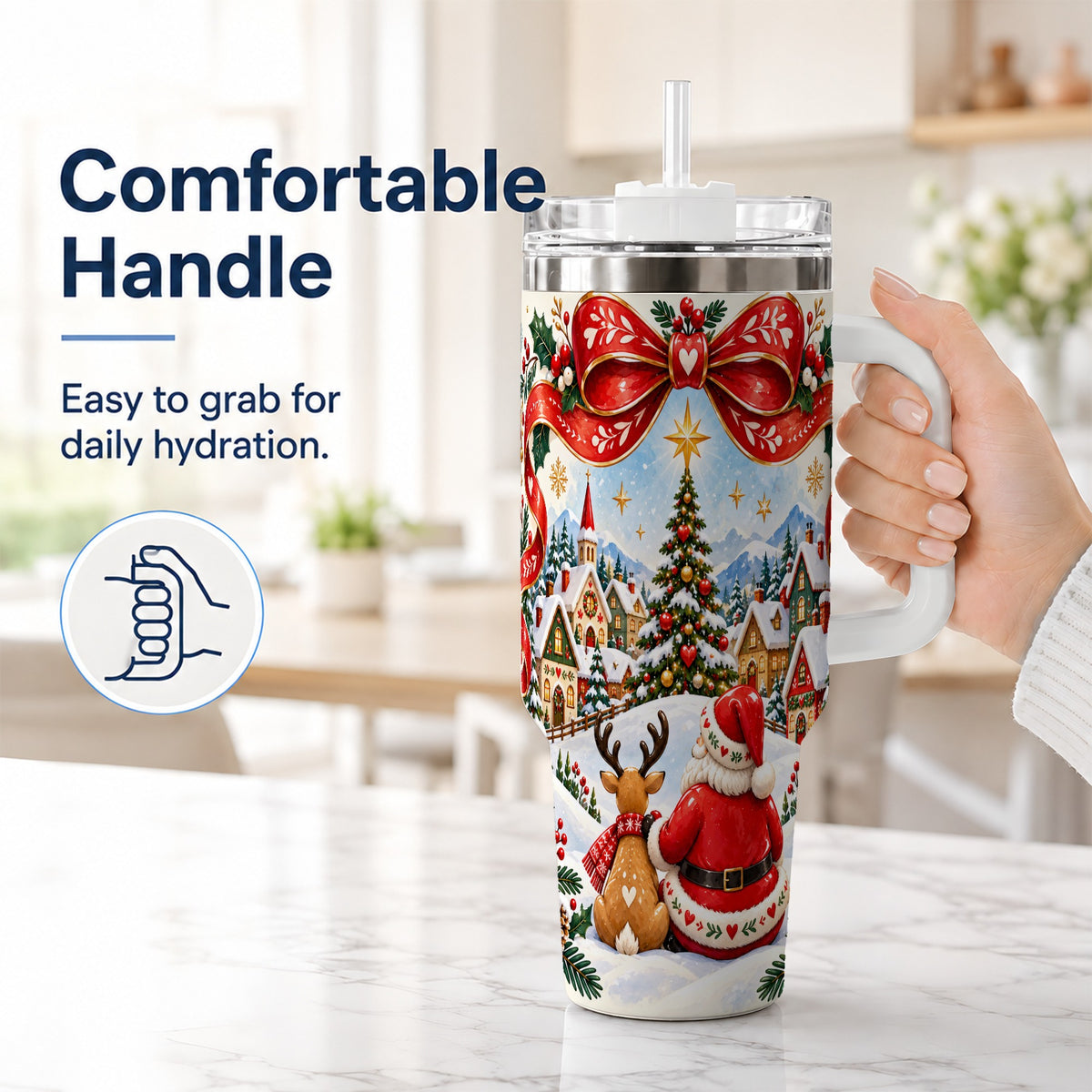 #pl[40oz|White] Nordic Santa 40oz Tumbler with Handle, Christmas Reindeer Folk Art