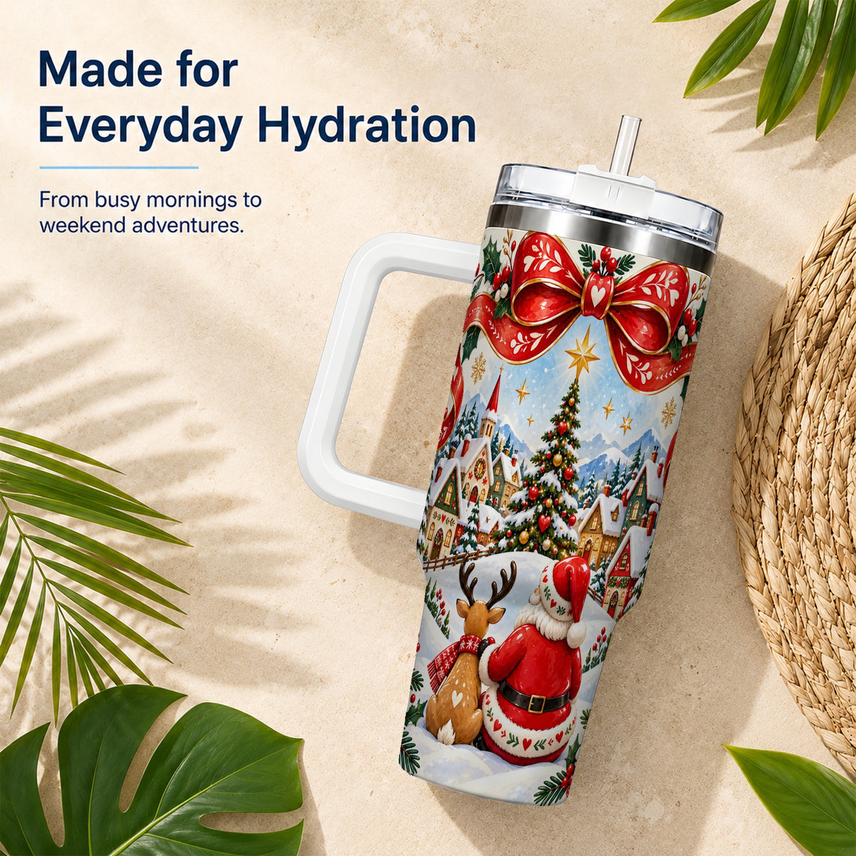 Nordic Santa 40oz Tumbler with Handle, Christmas Reindeer Folk Art