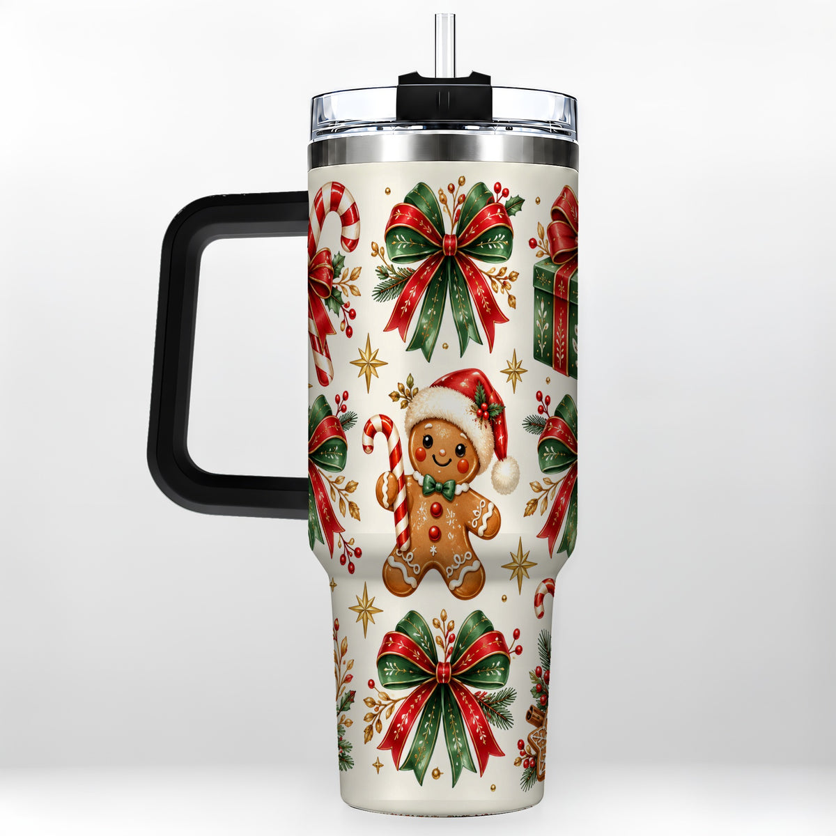 #pl[40oz|Black] Christmas Bow 40oz Tumbler with Handle, Gingerbread Holiday Pattern