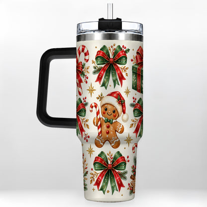 #pl[40oz|Black] Christmas Bow 40oz Tumbler with Handle, Gingerbread Holiday Pattern