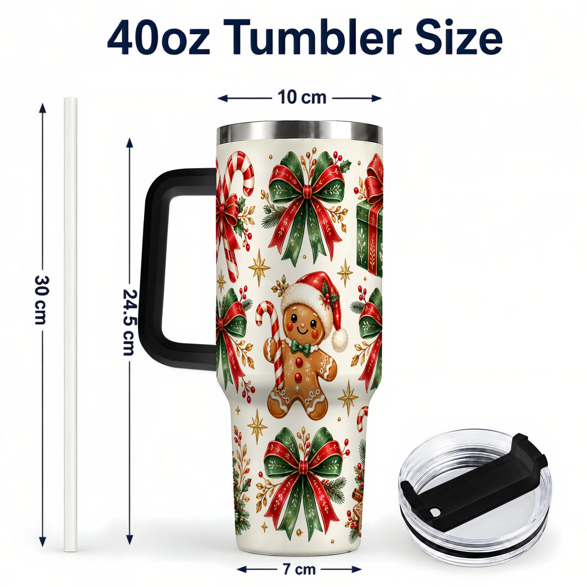 #pl[40oz|Black] Christmas Bow 40oz Tumbler with Handle, Gingerbread Holiday Pattern