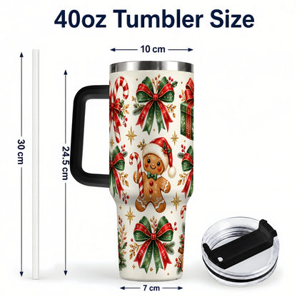 #pl[40oz|Black] Christmas Bow 40oz Tumbler with Handle, Gingerbread Holiday Pattern