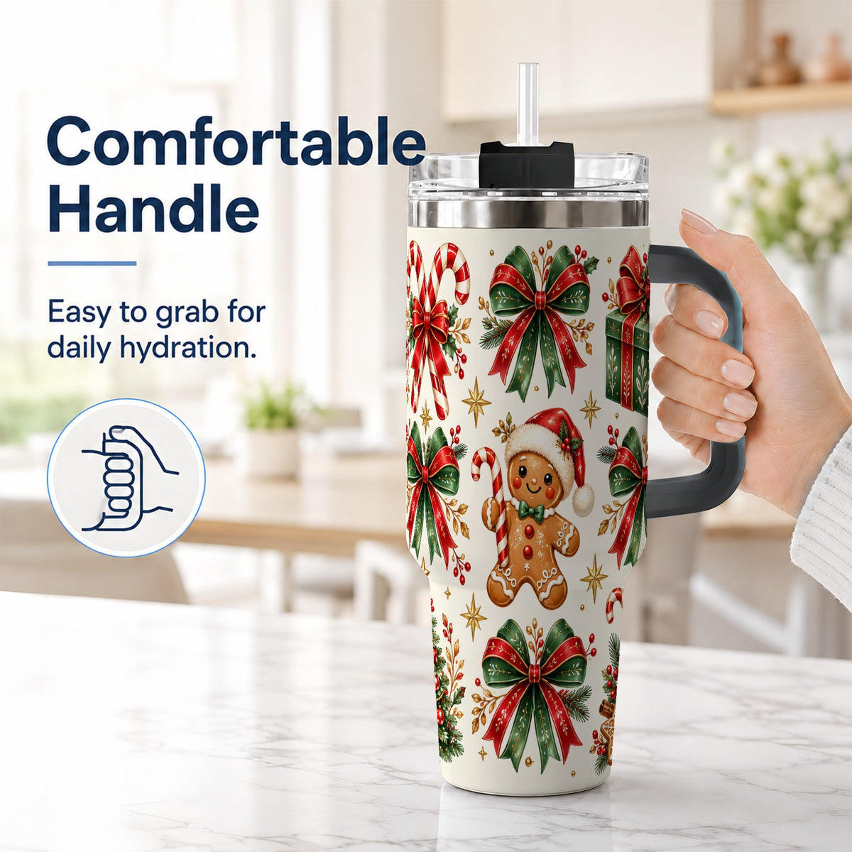 #pl[40oz|Black] Christmas Bow 40oz Tumbler with Handle, Gingerbread Holiday Pattern