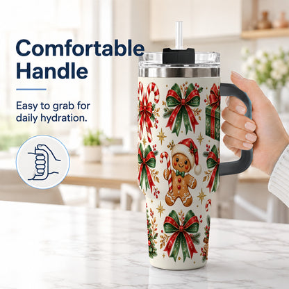 #pl[40oz|Black] Christmas Bow 40oz Tumbler with Handle, Gingerbread Holiday Pattern
