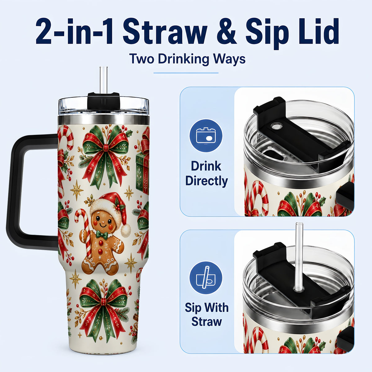 #pl[40oz|Black] Christmas Bow 40oz Tumbler with Handle, Gingerbread Holiday Pattern